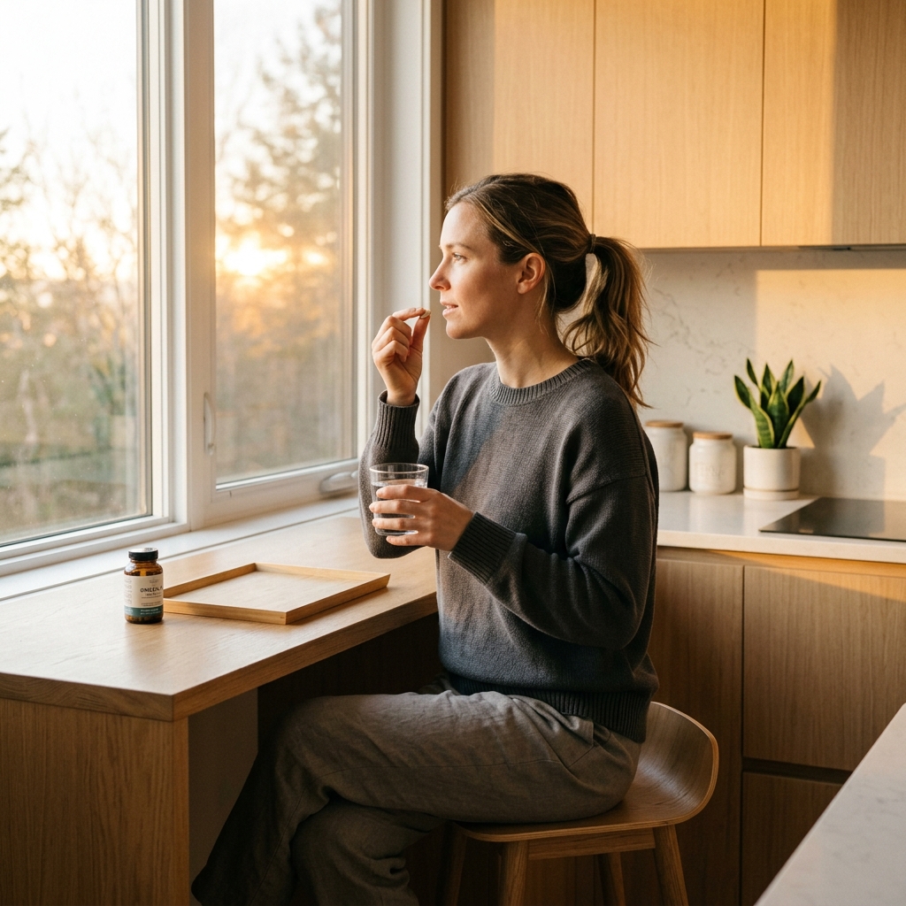 Person in morning fasting window taking supplement with water